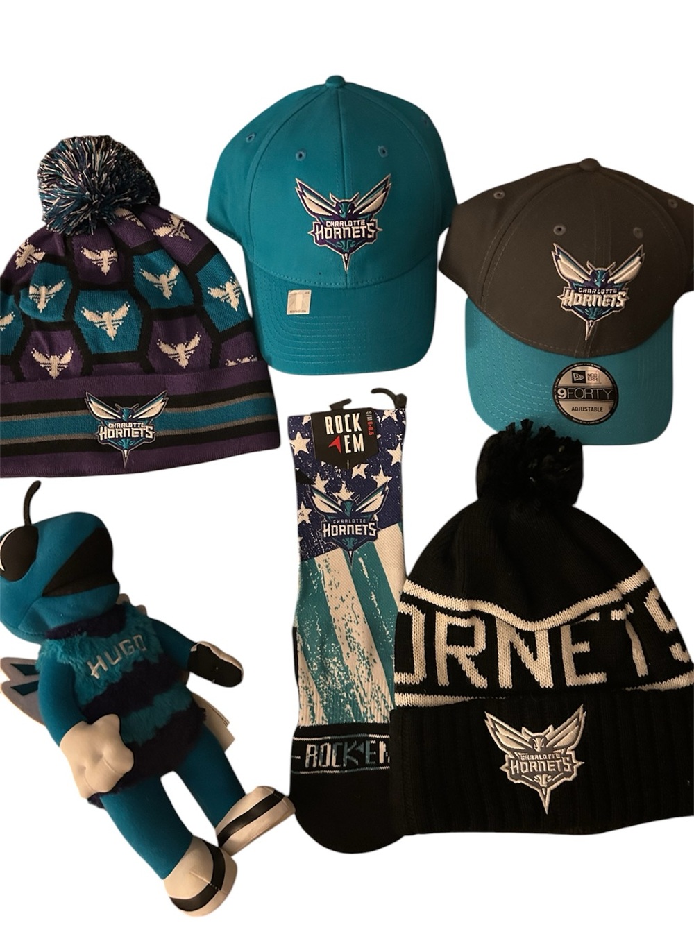 Men’s Hats, Beanies, socks and HUGO (Hornets mascot)
